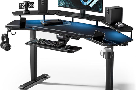 Gaming Desk, Standing Desk Keyboard Tray, 72" Wing Shaped Music Studio Desk Electric Adjustable Height Desk Sit Stand Desk with LED Shelves, Gaming Recording Live Stream, Slot Design